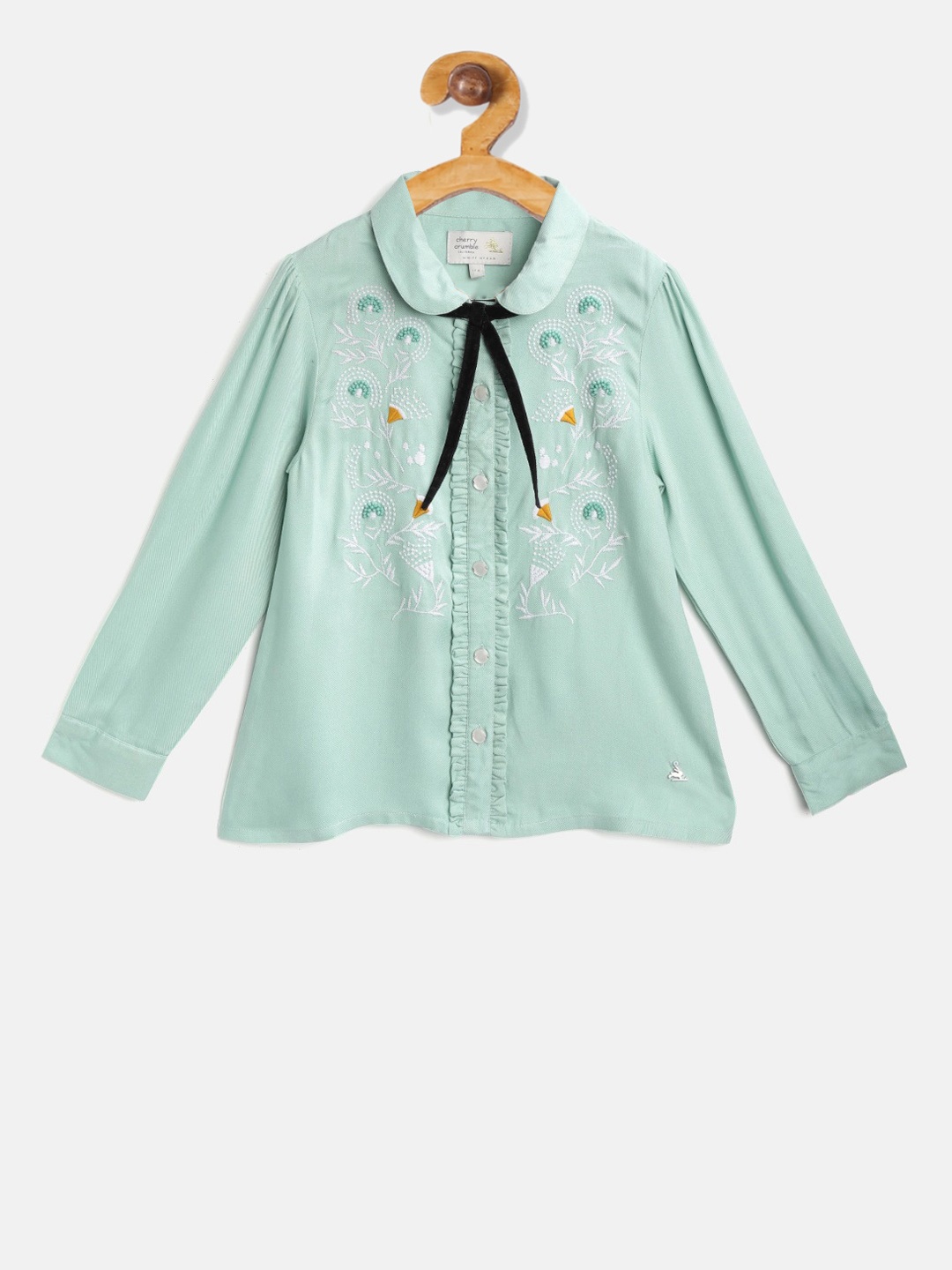 

Cherry Crumble Girls Green Embroidered Shirt Style Top