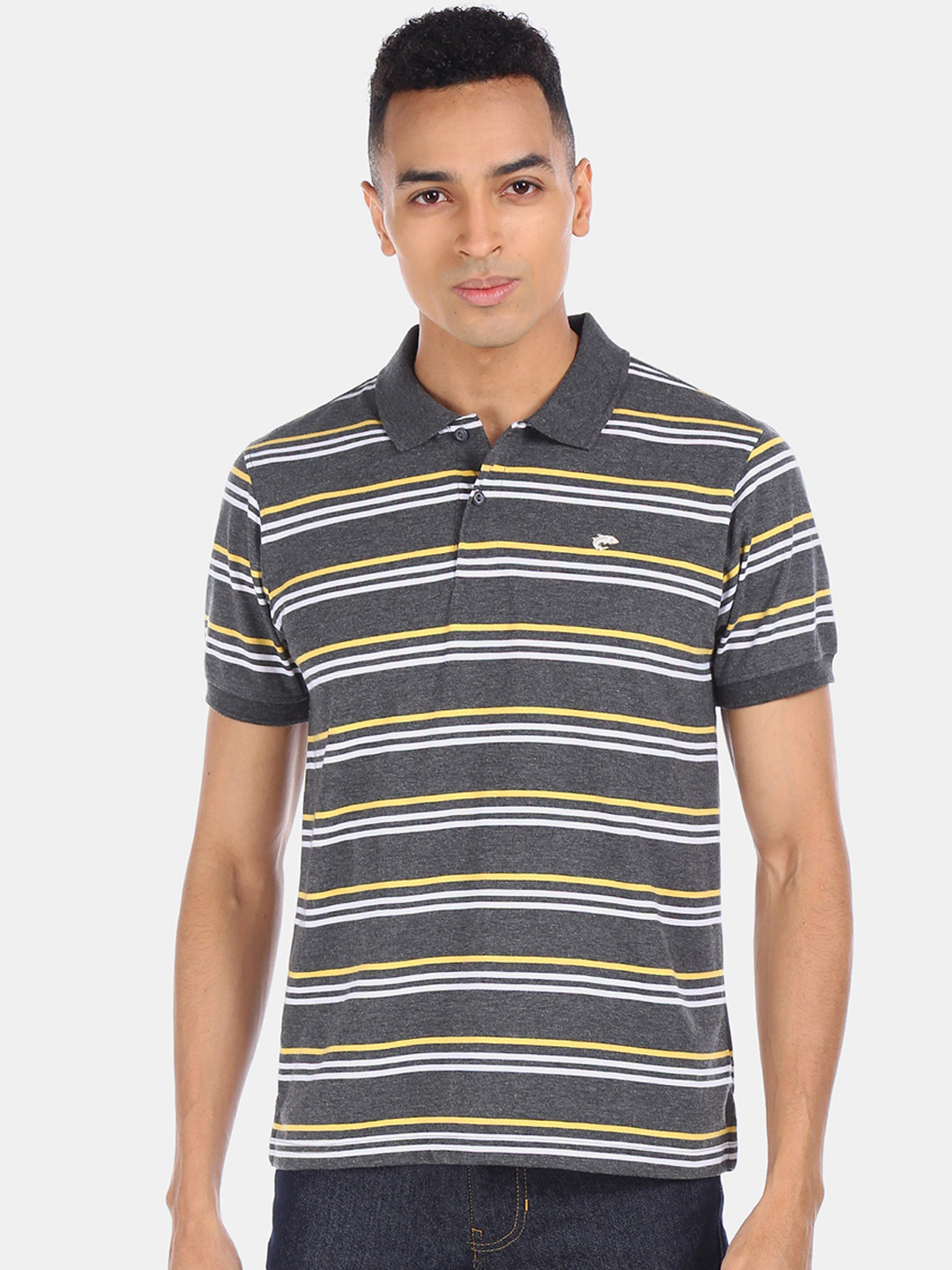 

Ruggers Men Charcoal Striped Polo Collar T-shirt