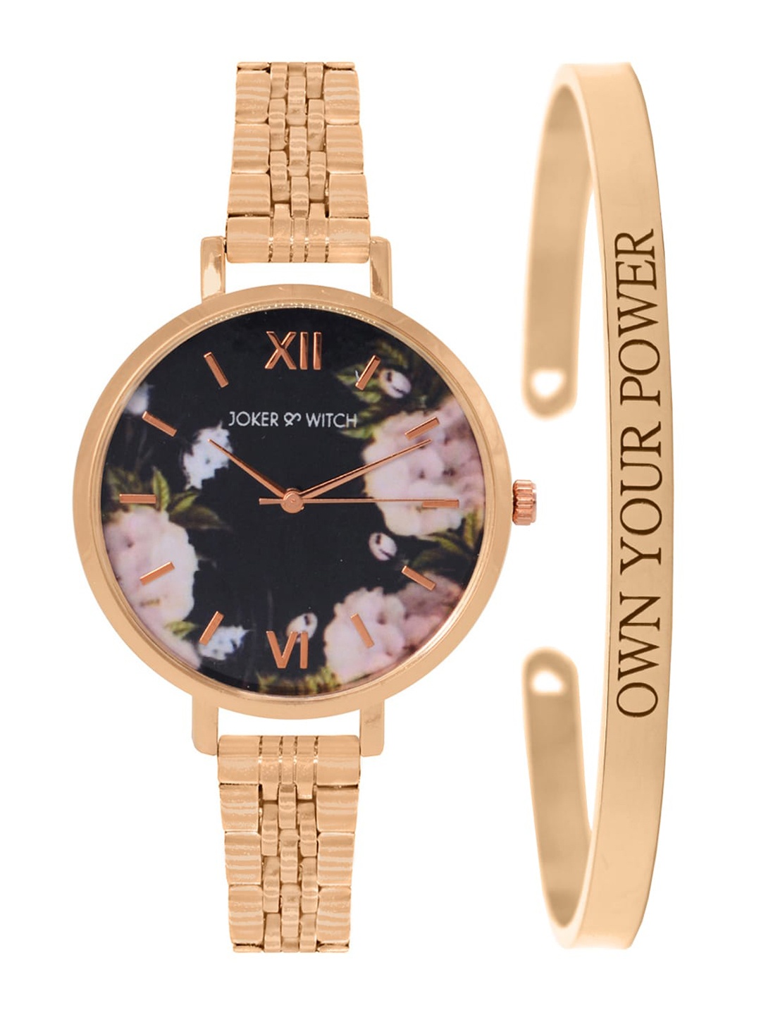 JOKER & WITCH Women Black & Rose-Gold Toned Meadow Watch With Bracelet Gift Set