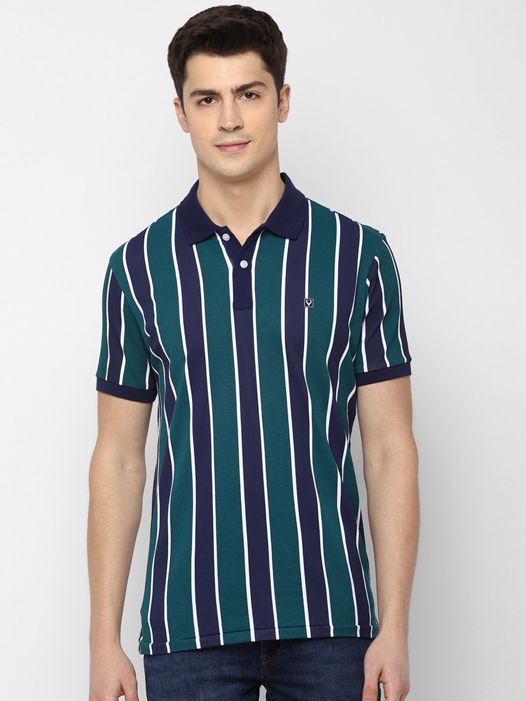 

Allen Solly Sport Men Green Blue Striped Polo Collar Pure Cotton T-shirt