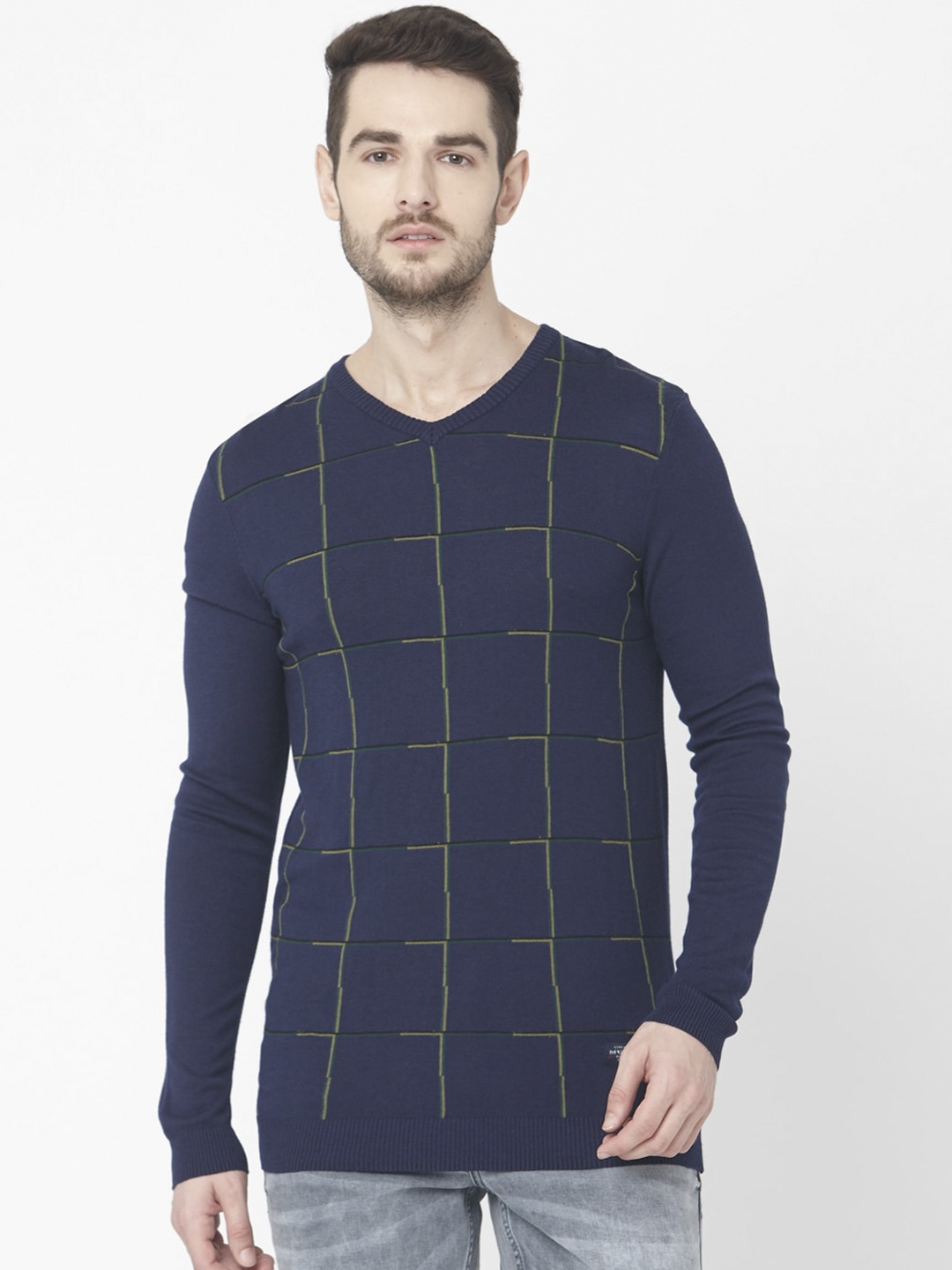

Mufti Men Navy Blue Checked Pullover Sweater