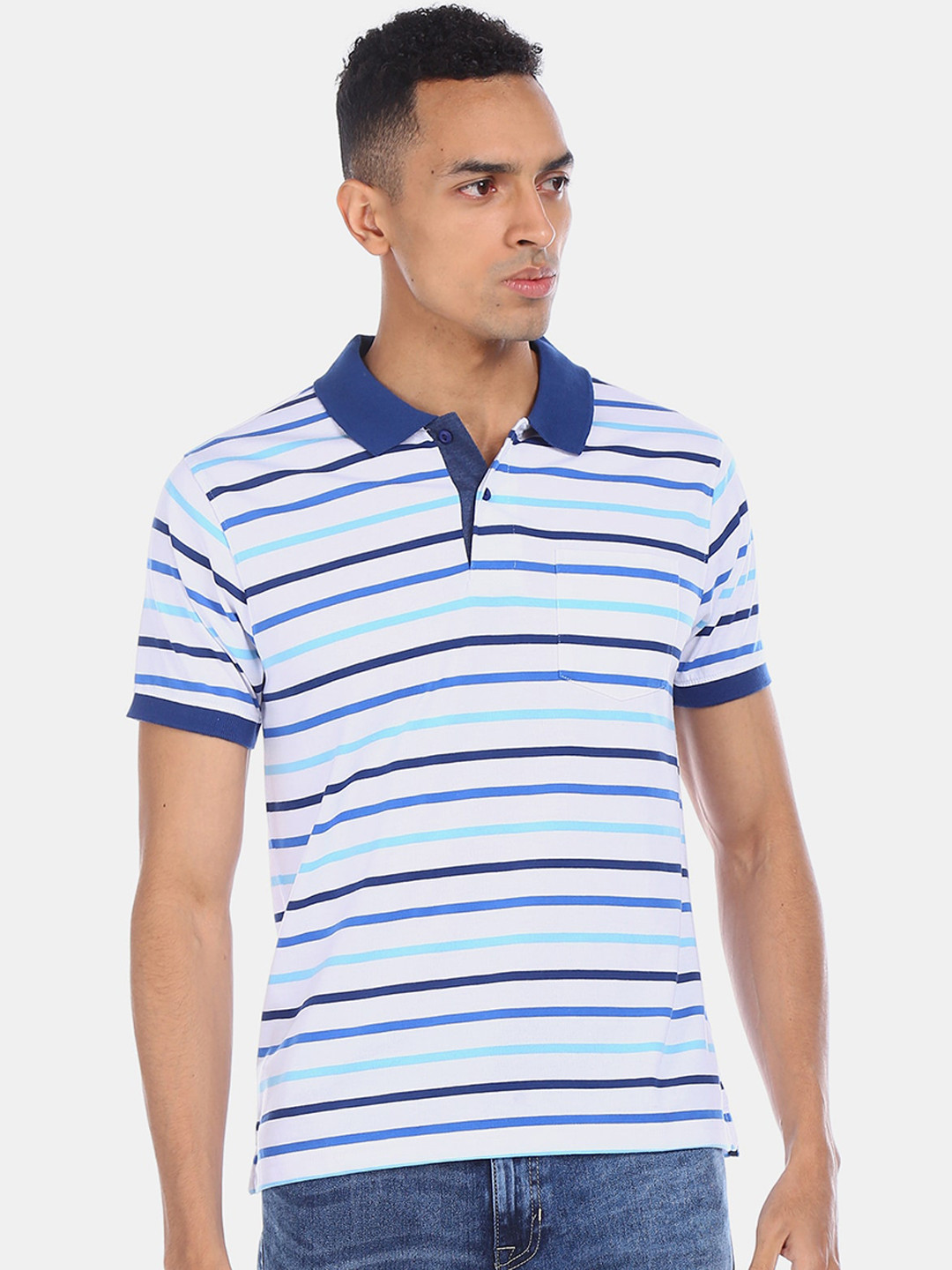 

Ruggers Men White & Blue Striped Polo Collar T-shirt