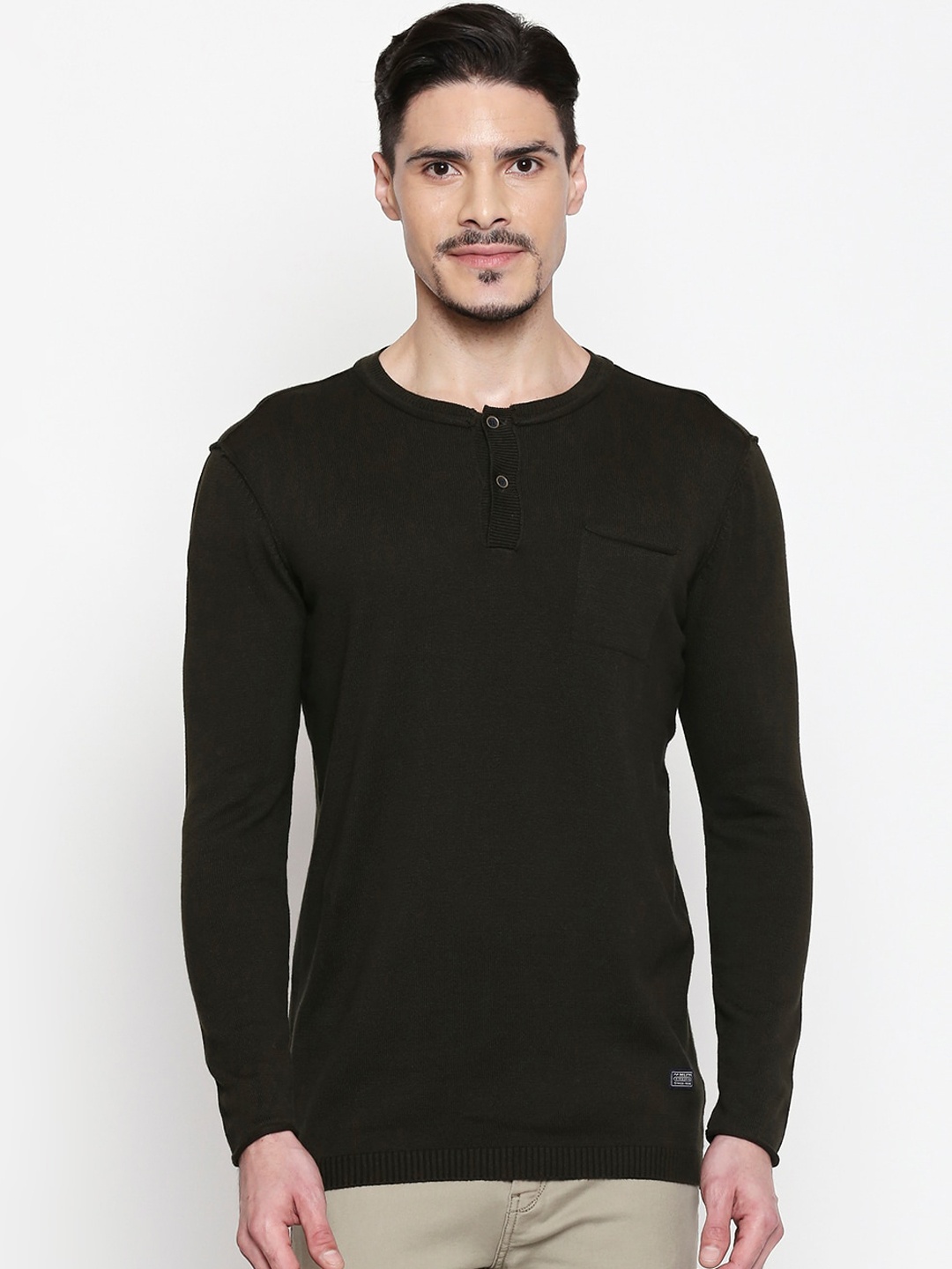 

Mufti Men Olive Green Solid Pullover Sweater