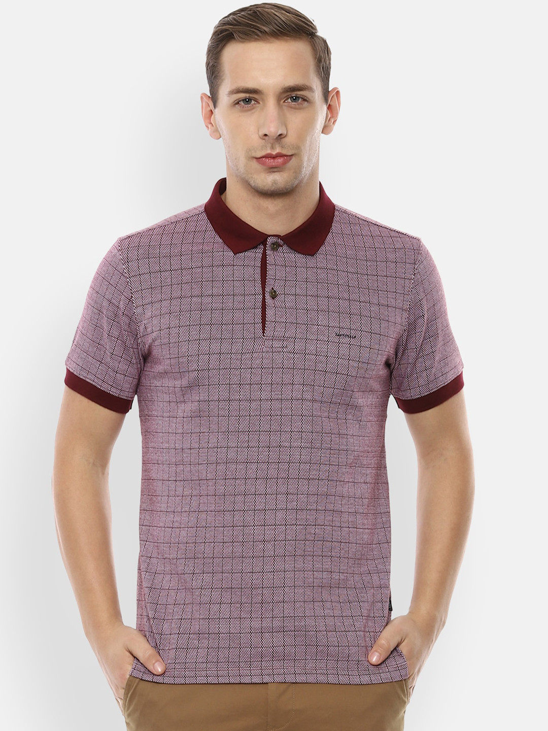 

Van Heusen Men Maroon Self Design Polo Collar T-shirt