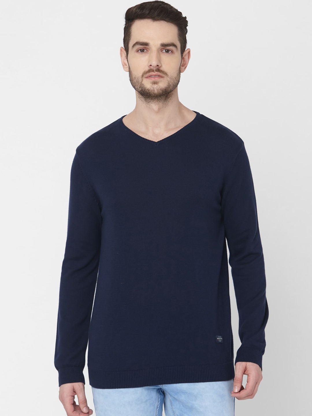 

Mufti Men Navy Blue Solid Pullover Sweater