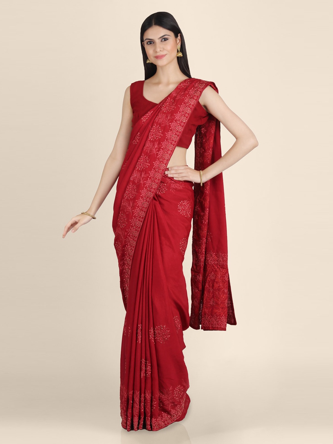 

KAJREE Maroon Pure Georgette Embellished Mysore Silk Handloom Saree