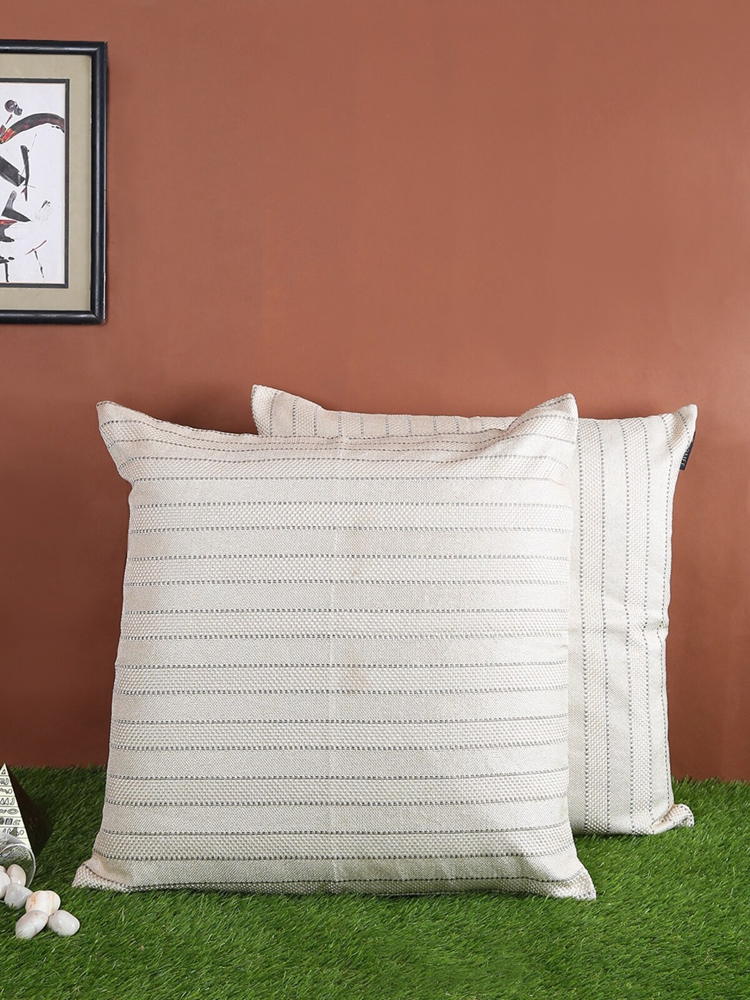 ROMEE Set of 2 White & Grey Striped Square Cushion Covers