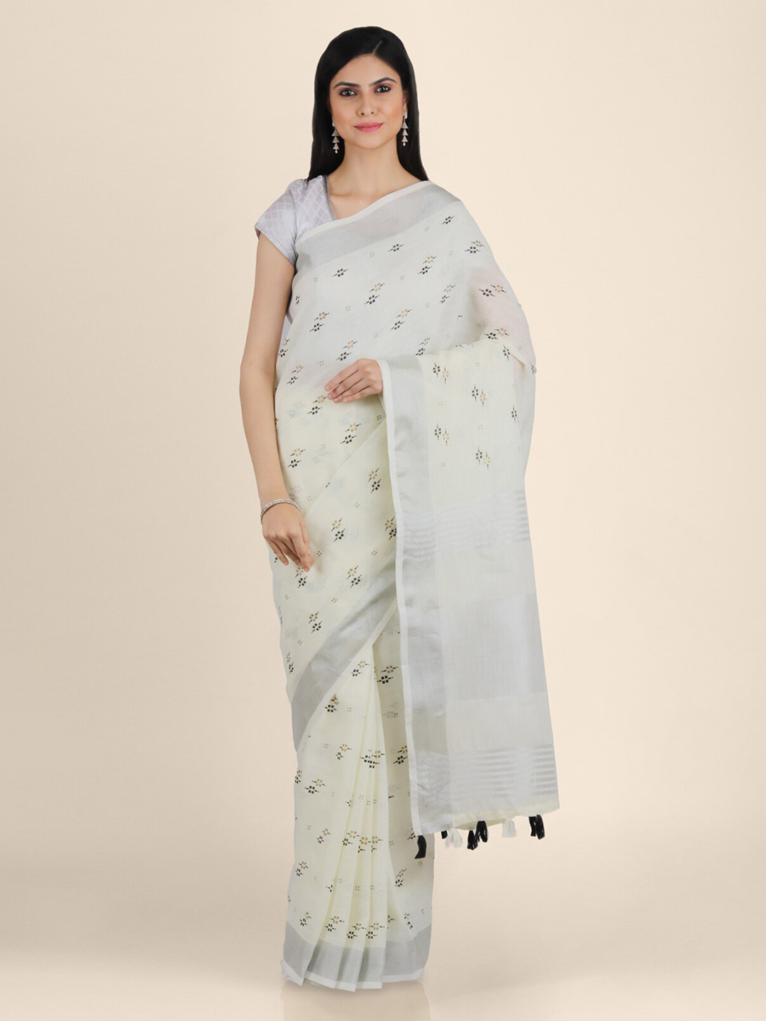 

KAJREE Cream-Coloured Pure Linen Printed Tussar Saree