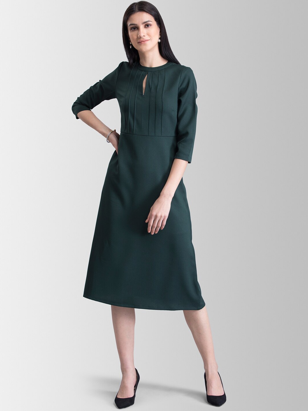 FableStreet Women Green Solid A-Line Dress
