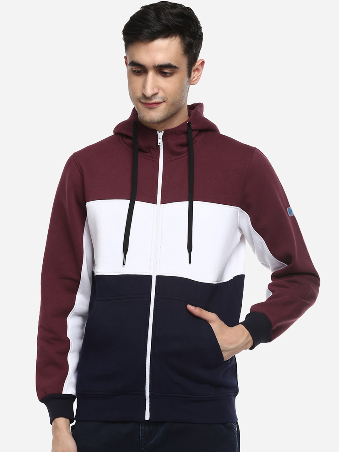 

Red Chief Men Maroon & White Colourblocked Hooded Sweatshirt
