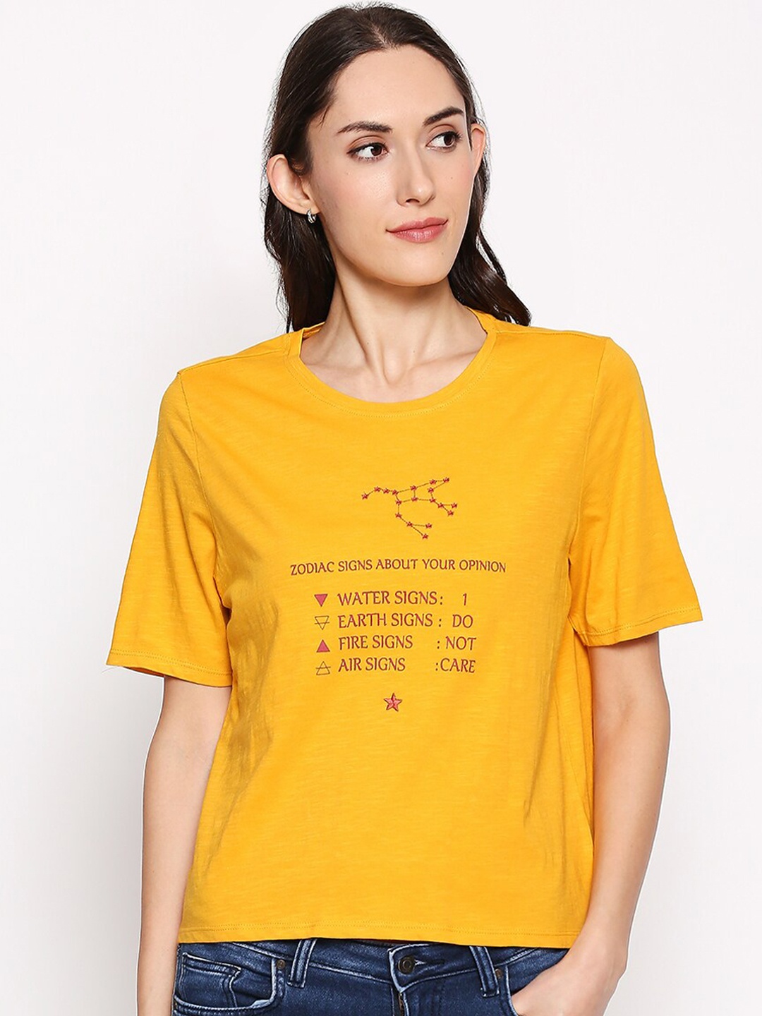 

People Women Yellow Printed Round Neck T-shirt