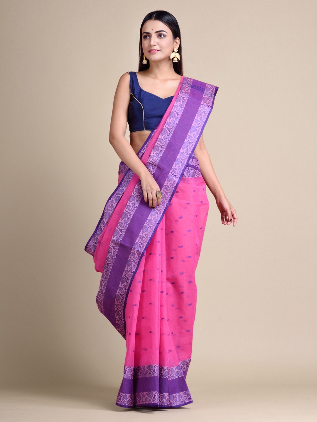 

Mitera Pink & Violet Pure Cotton Woven Design Taant Hand Woven Saree