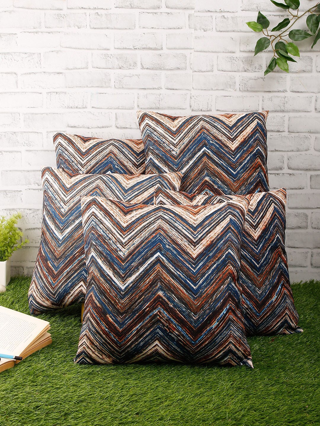ROME Set of 5 Blue & Rust Red Geometric Square Cushion Covers