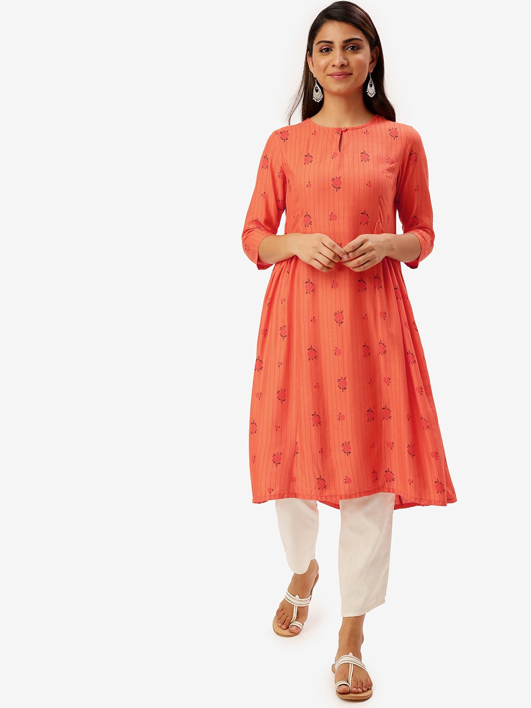 

Saaki Women Orange Printed A-Line Kurta