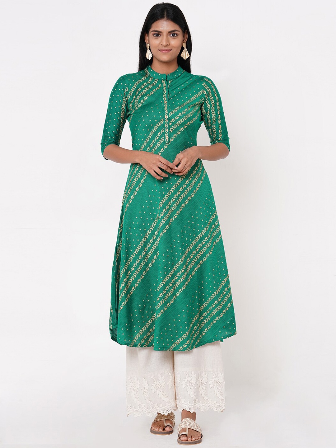 FASHOR Women Green & Gold-Toned Striped A-Line Kurta