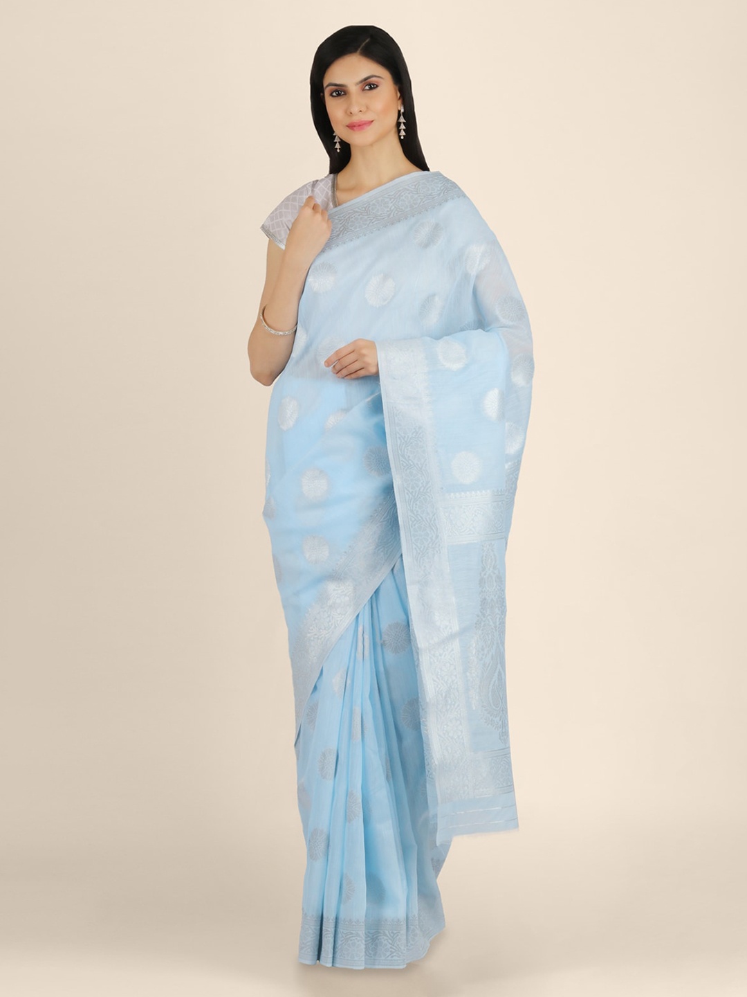 

KAJREE Blue Pure Linen Woven Design Khadi Saree