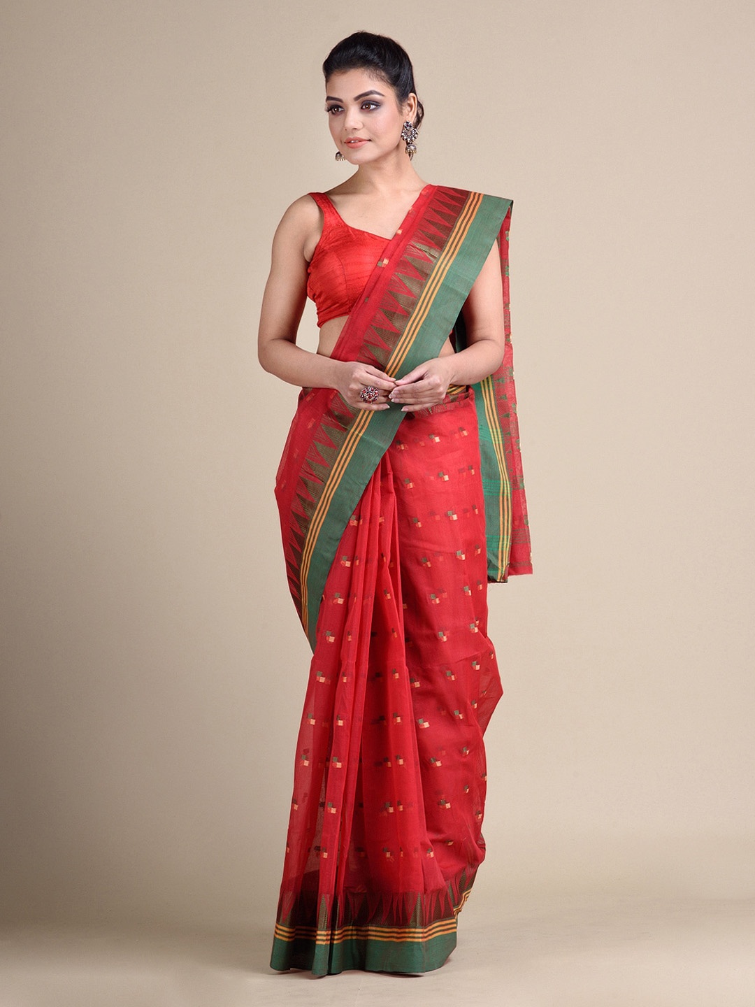 

Mitera Red Pure Cotton Woven Design Taant Saree