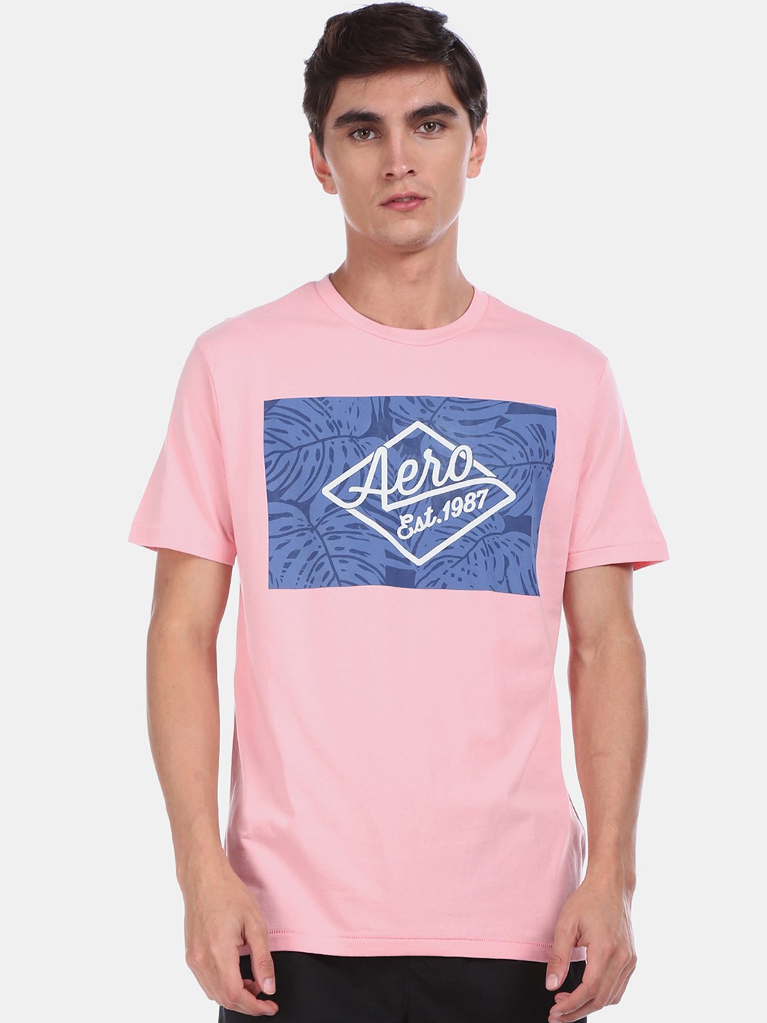 

Aeropostale Men Pink Blue Printed Round Neck Pure Cotton T-shirt