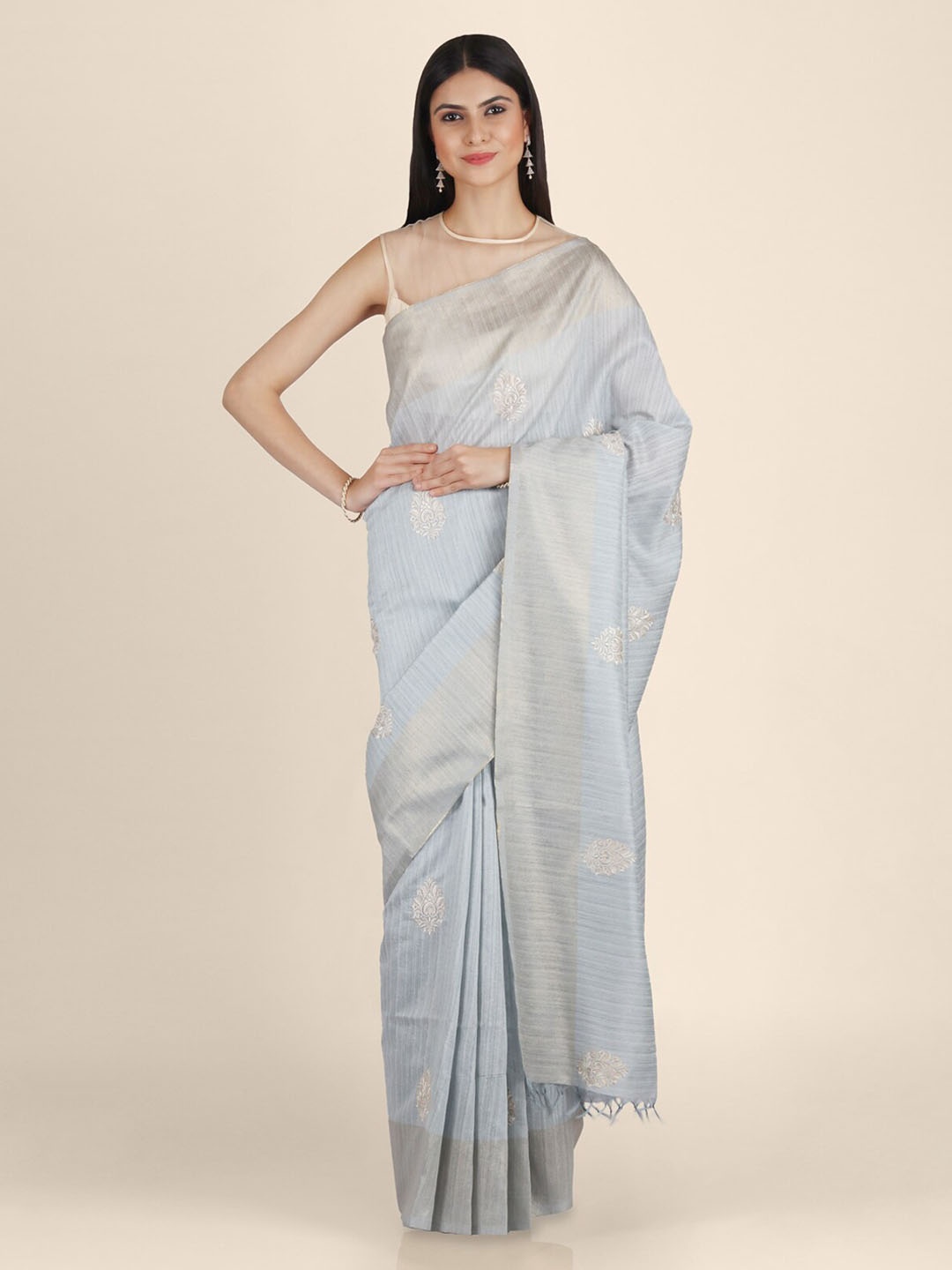 

KAJREE Blue Pure Linen Woven Design Handloom Tussar Saree