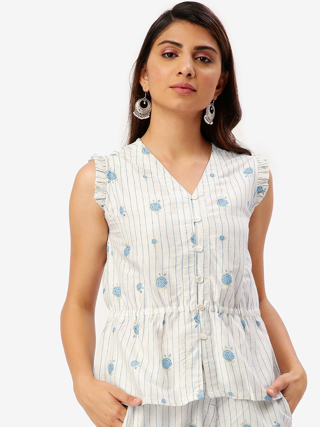

Saaki Women Off-White & Blue Printed A-Line Top