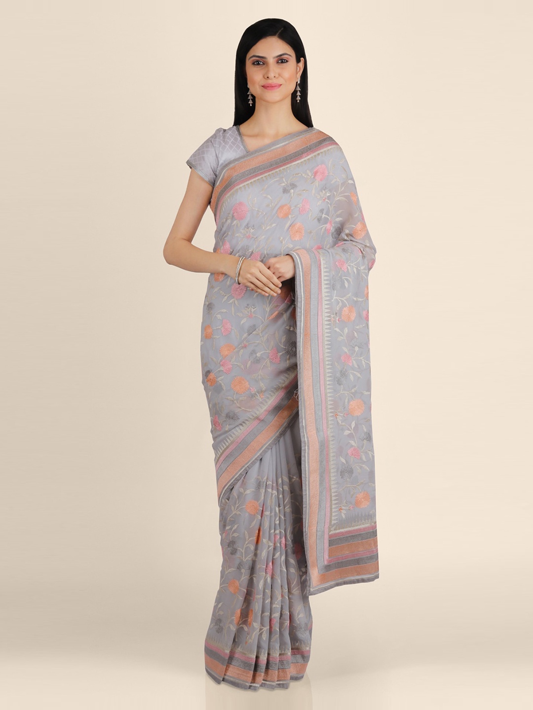 

KAJREE Grey Pure Georgette Embroidered Mysore Silk Saree