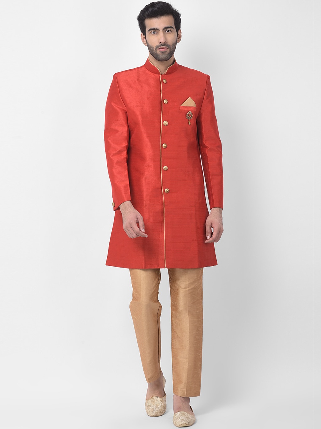 

SG LEMAN Men Orange & Beige Solid Raw Silk Sherwani Set