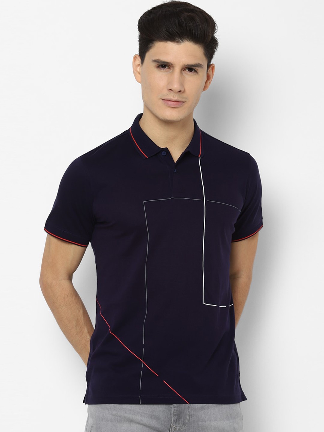 

Allen Solly Sport Men Navy Blue Printed Polo Collar Pure Cotton T-shirt