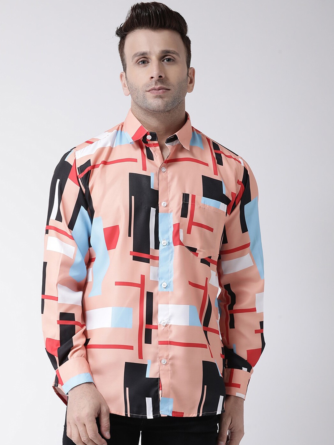 hangup trend Men Peach-Coloured & Peach-Coloured Slim Fit Printed Casual Shirt