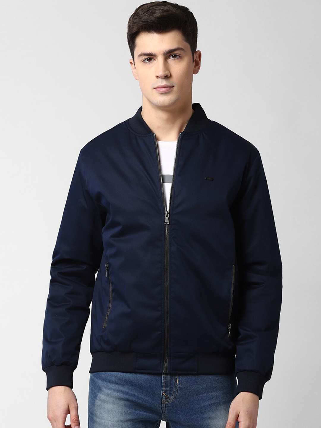 

Peter England Casuals Men Navy Blue Solid Bomber Jacket