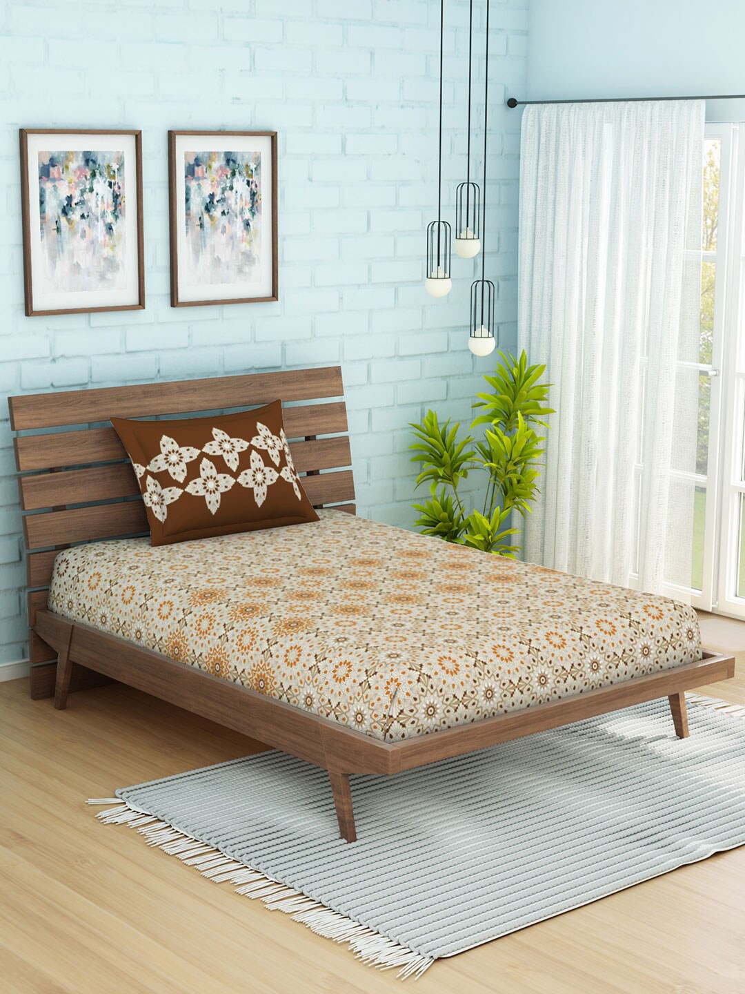 

SPACES Unisex Brown & Orange Abstract 144 TC Single Bedsheet With Pillow Cover