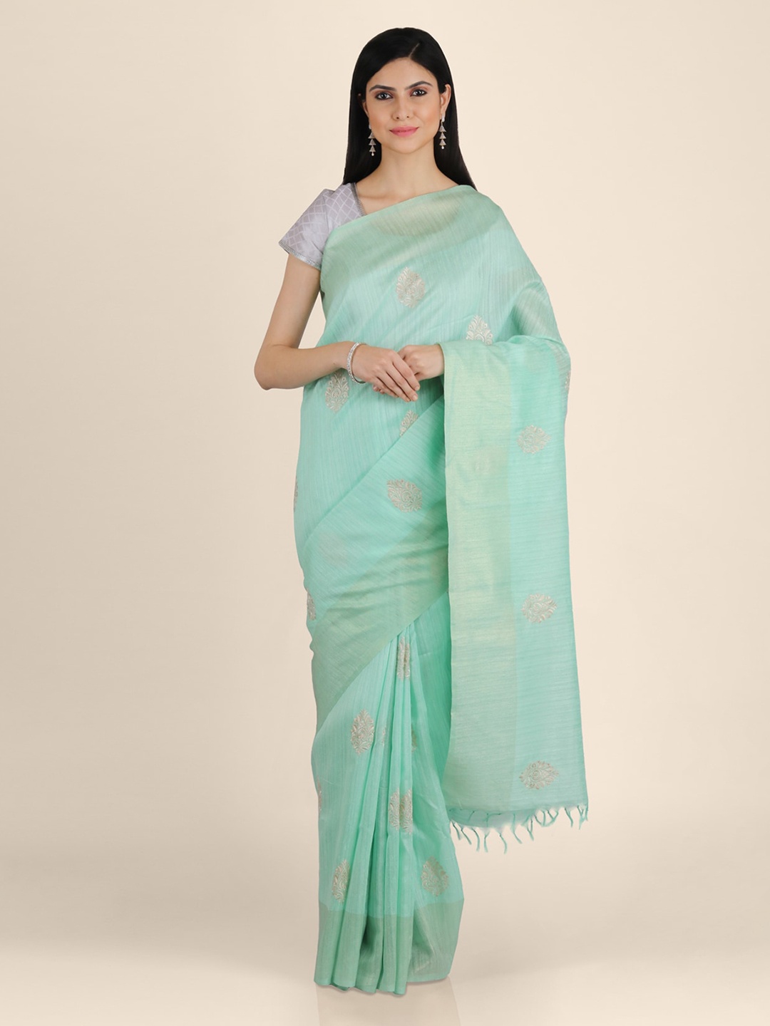 

KAJREE Sea Green Pure Linen Woven Design Bhagalpuri Saree