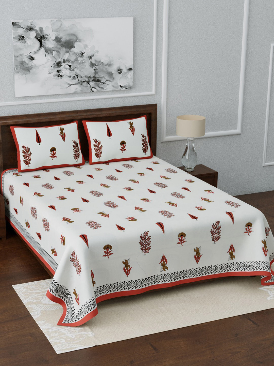 

LIVING ROOTS White & Maroon Printed 210 TC King Bedsheet With 2 Pillow Covers