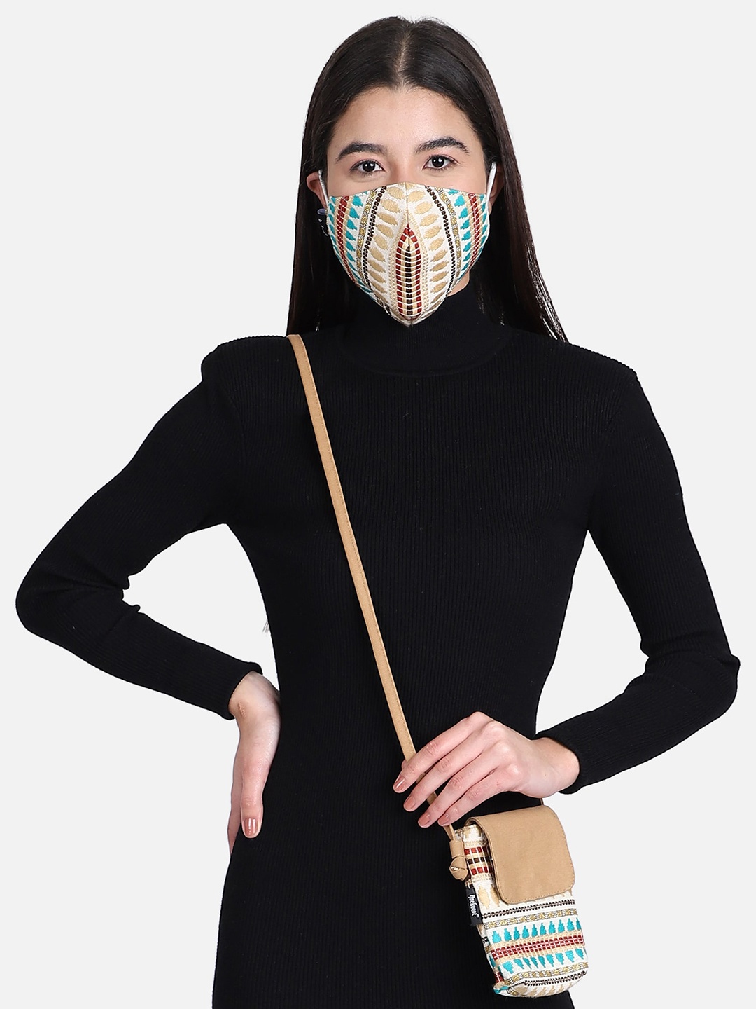 

Anekaant Women White & Beige 3-Ply Jacquard Reusable Cloth Mask with Mobile Sling
