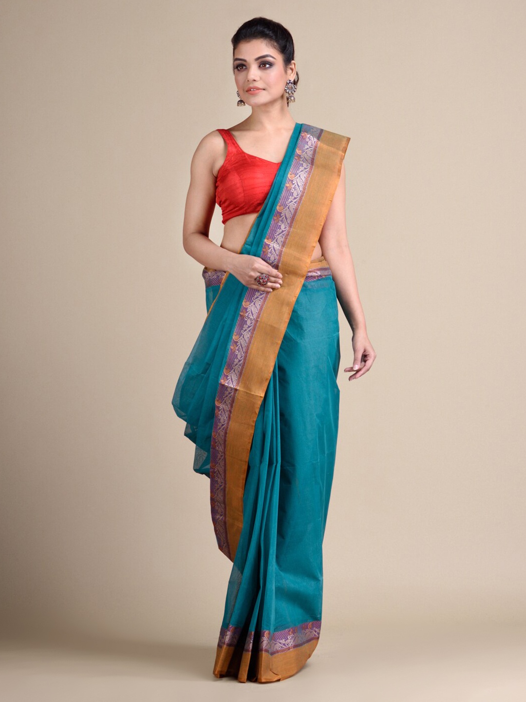 

Mitera Teal Pure Cotton Solid Taant Saree