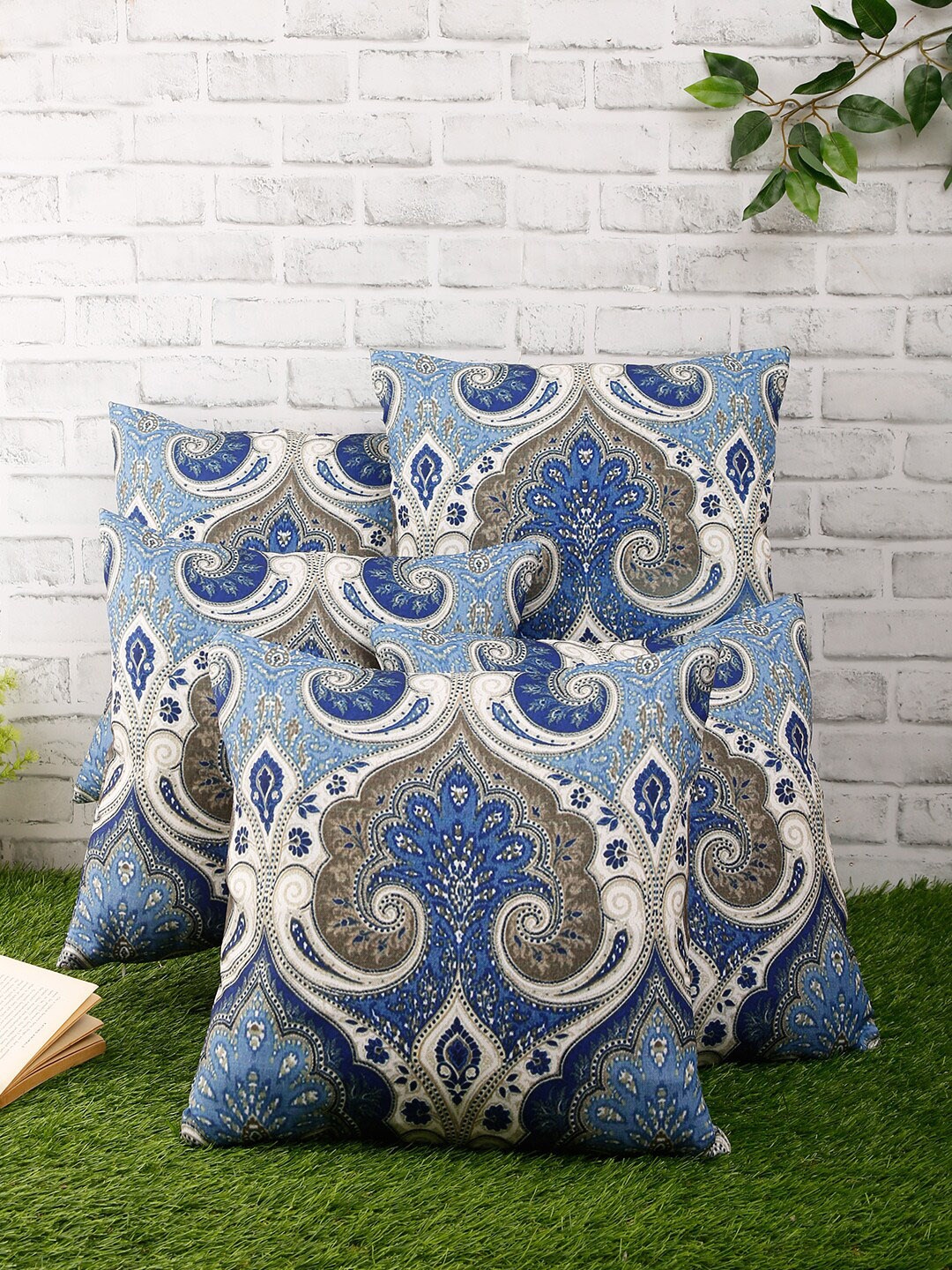 

ROMEE Set Of 5 Blue & Brown Printed Square Cushion Covers