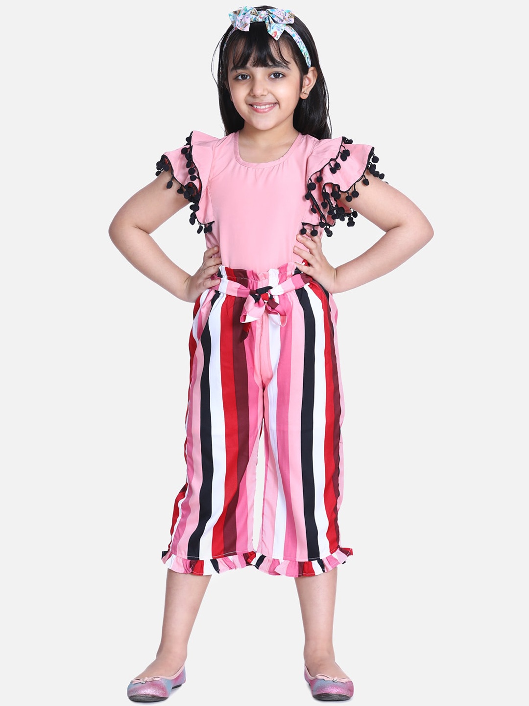 

Cutiekins Girls Pink & Black Solid top With Striped Capris