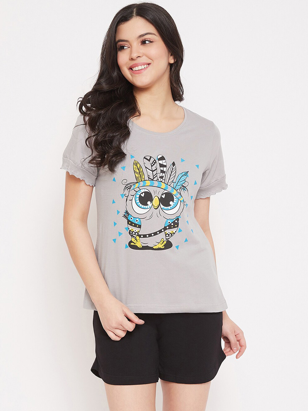 

Clovia Women Owl Print Cotton Rich Night Suit, Grey