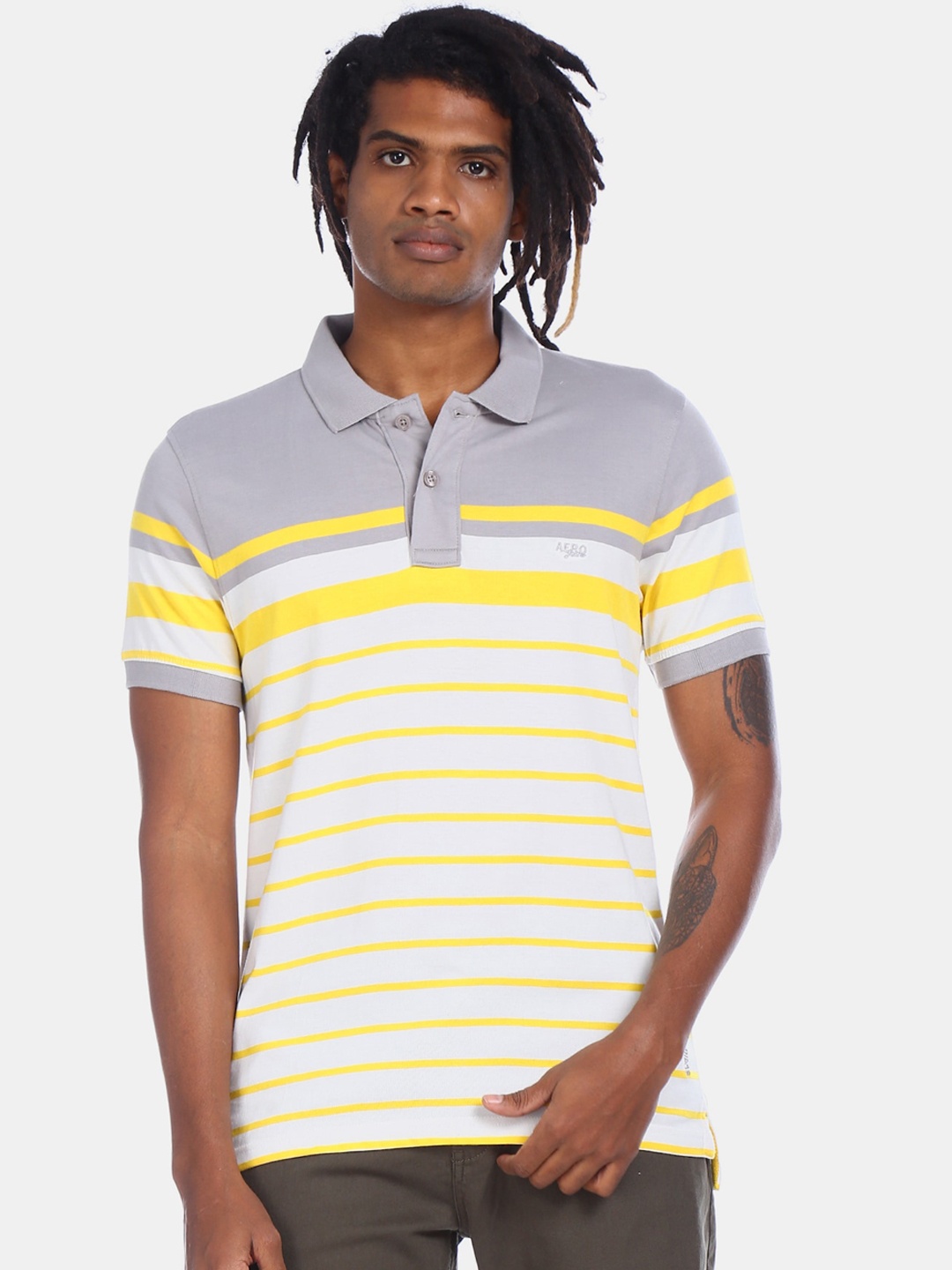 

Aeropostale Men Yellow & Grey Striped Polo Collar T-shirt