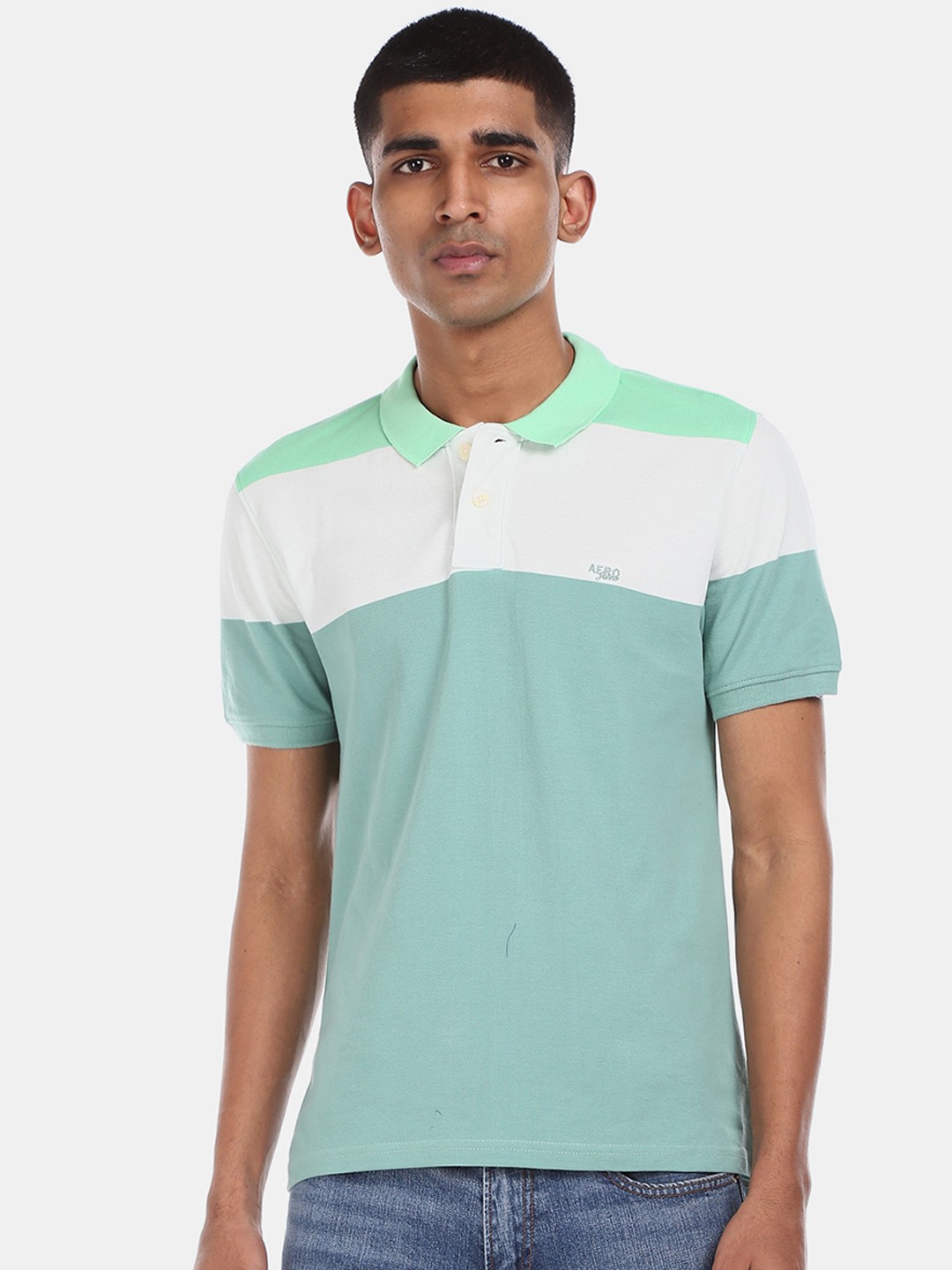 

Aeropostale Men Green Striped Polo Collar T-shirt