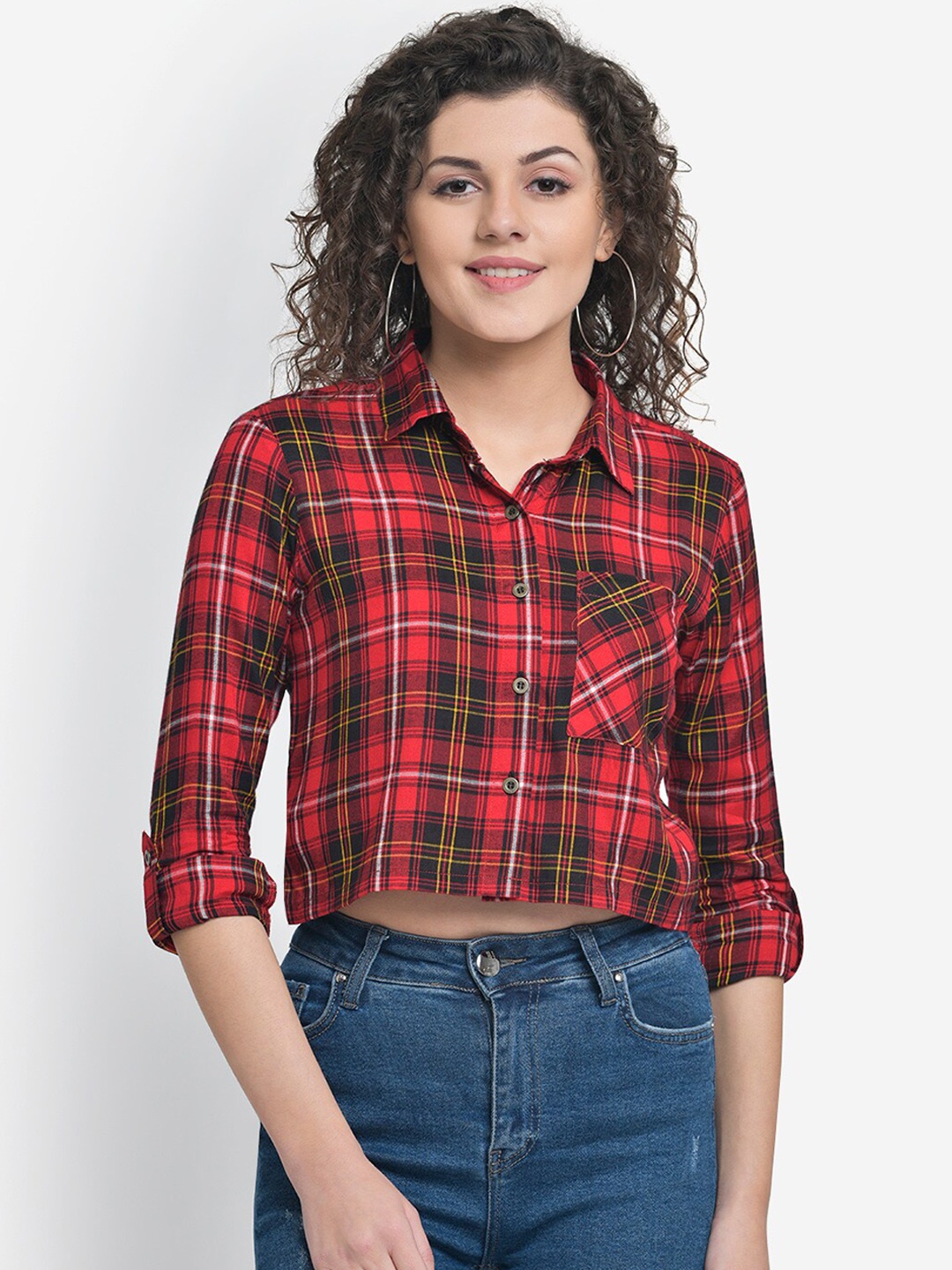 

Martini Women Red Checked Shirt Style Crop Top
