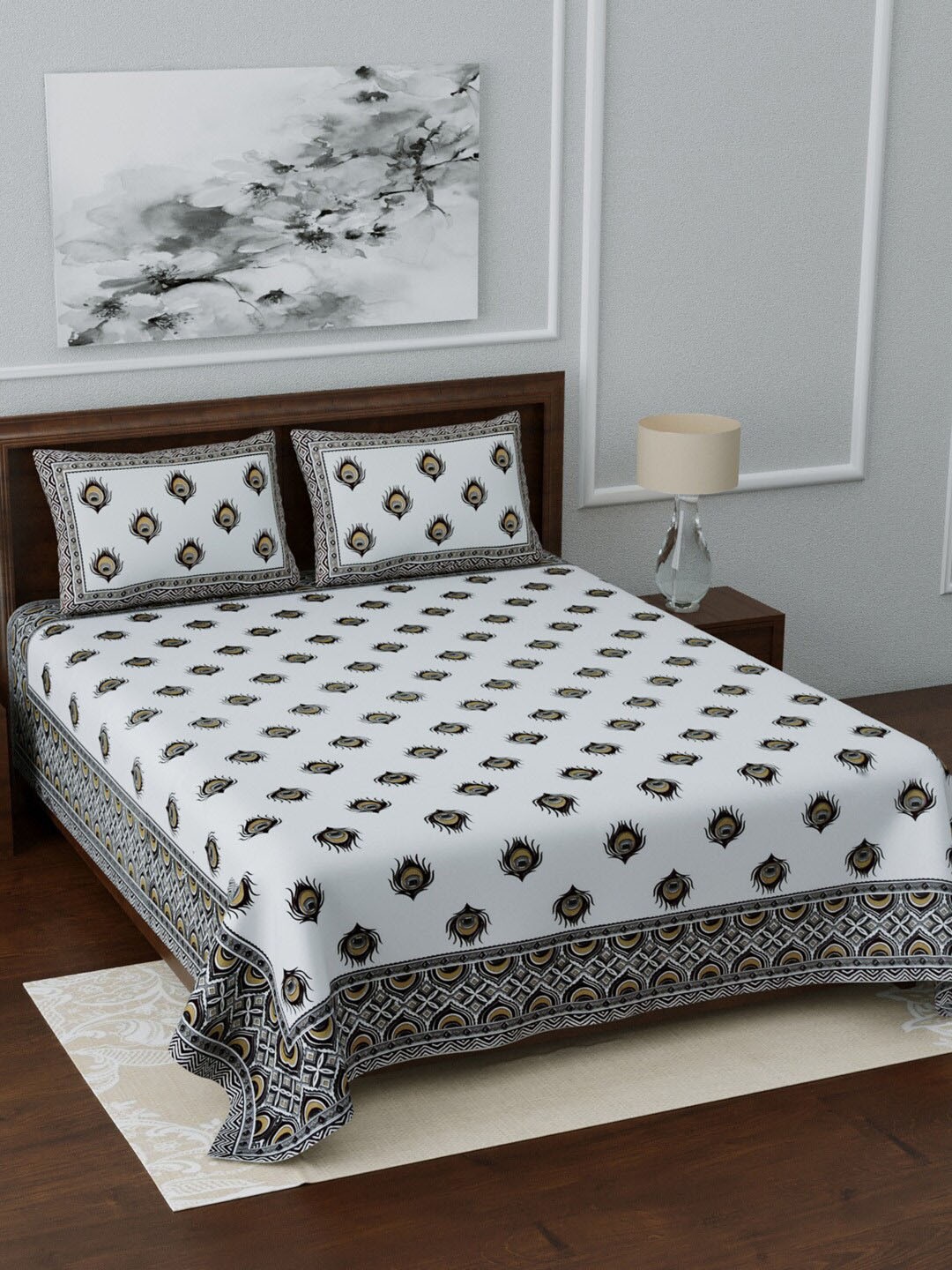 

LIVING ROOTS White & Black Printed 210 TC 1 Jaipuri King Bedsheet With 2 Pillow Covers