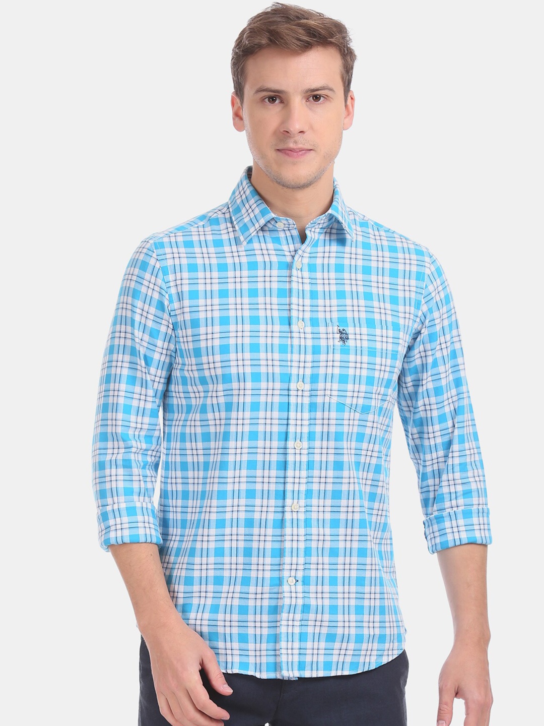 

U.S. Polo Assn. Men Blue Regular Fit Checked Casual Shirt
