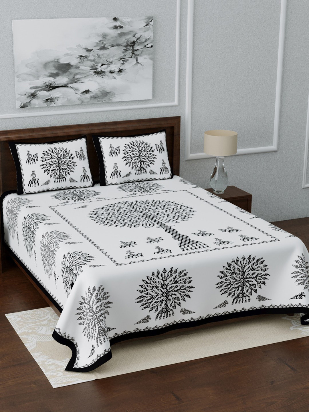 

LIVING ROOTS White & Black Printed 210 TC King Bedsheet With 2 Pillow Covers