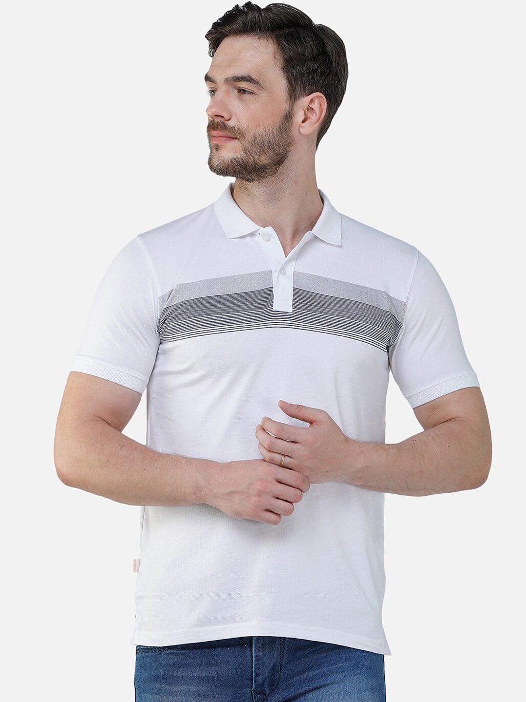

COLVYNHARRIS JEANS Men White Striped Polo Collar T-shirt