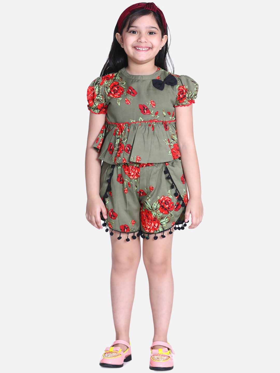 

Cutiekins Girls Olive Green & Red Floral Printed Clothing Set