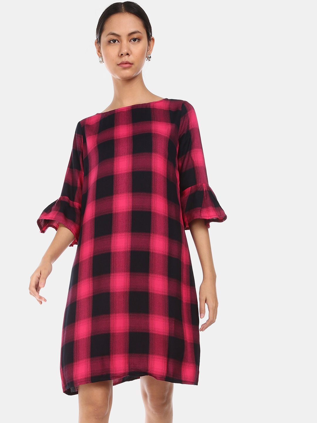 

Bronz Women Pink & Black Checked A-Line Dress