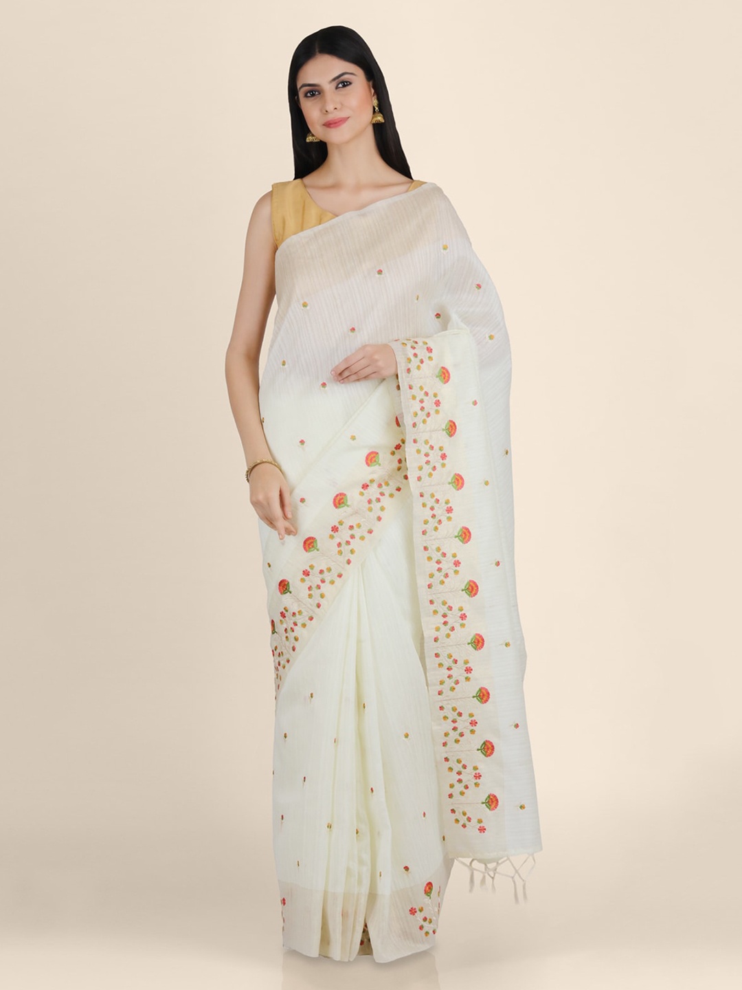 

KAJREE Cream-Coloured & Red Pure Linen Embroidered Tussar Handloom Saree