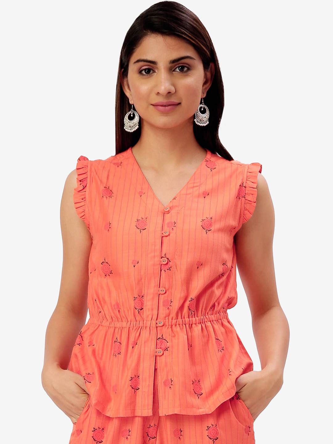 

Saaki Women Orange Floral Printed Cinched Waist Top