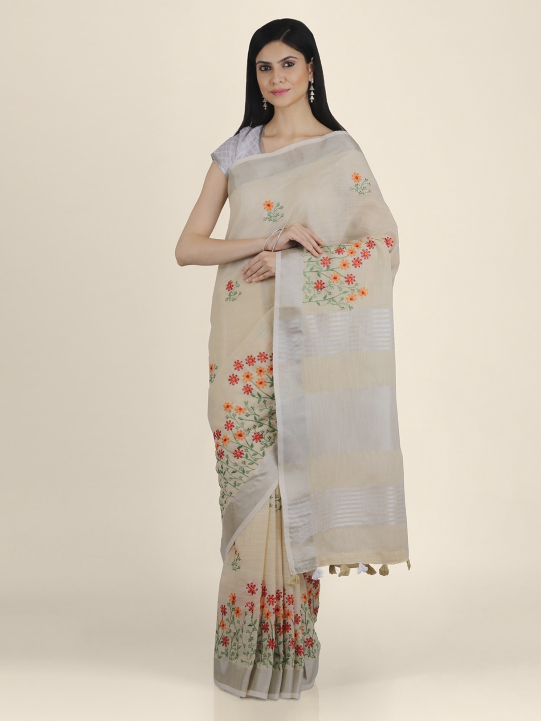 

KAJREE Cream-Coloured & Red Pure Linen Embroidered Saree