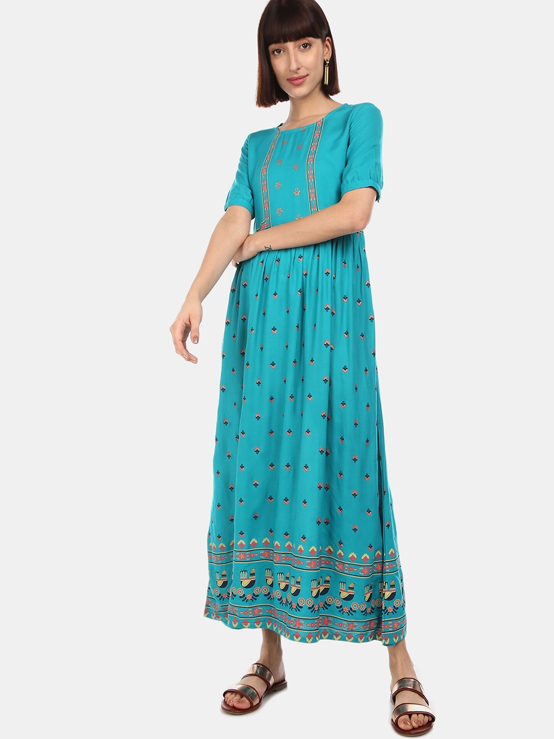 

Karigari Women Teal Printed Maxi Dress, Blue